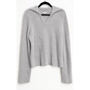 Vince Grey Eyelash Knit V-Neck Collared Sweater Size Large Fuzzy Long Sleeve